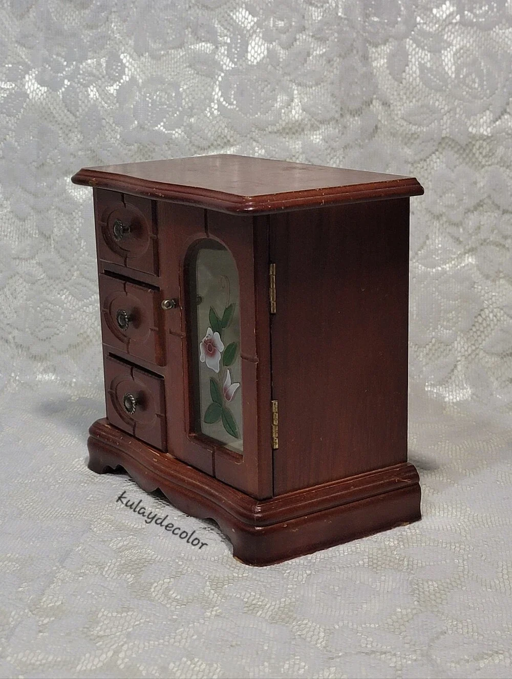 Vintage Wooden Jewelry Box Organizer 3 Drawer Mirrored Floral Glass Door Trinket